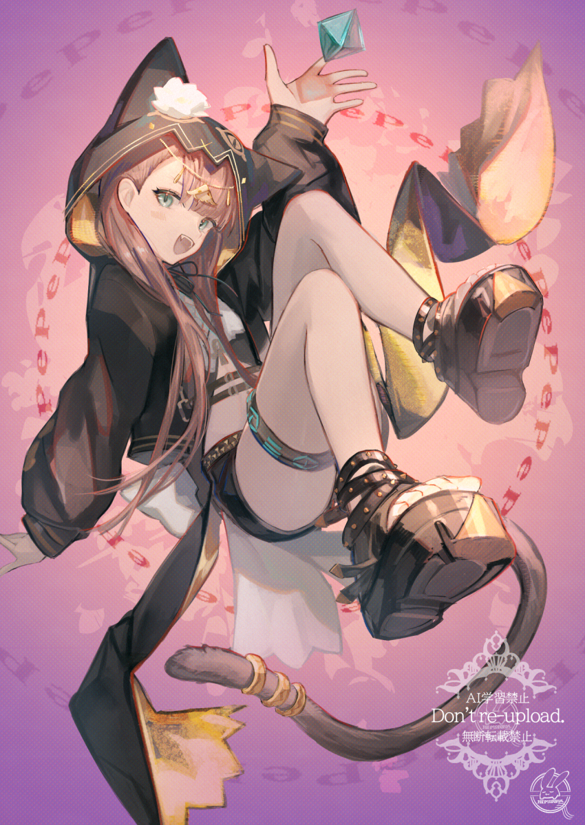 1girl :d animal_ear_hood animal_ears arknights arm_up black_jacket black_sandals black_shorts blue_eyes blue_gemstone brown_hair brown_tail cat_girl cat_tail character_name commentary_request fake_animal_ears fang flower full_body gem head_chain hemorina highres hood hood_up hooded_jacket infection_monitor_(arknights) jacket jewelry long_hair looking_at_viewer lotus midriff open_mouth pepe_(arknights) platform_footwear platform_sandals sandals shorts smile tail tail_ornament tail_ring thighlet toeless_footwear white_flower