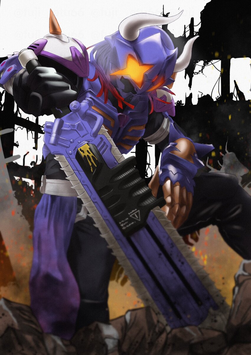 1boy atu_(fuji_atu66) black_bodysuit black_footwear black_gloves bodysuit boots buffalo building bull chainsaw claw_(weapon) commentary_request cowboy_shot gloves gradient_hair highres horns kamen_rider kamen_rider_buffa kamen_rider_geats_(series) landing long_hair male_focus multicolored_hair planted planted_sword planted_weapon purple_hair purple_scarf red_hair reverse_grip scarf shoulder_spikes spikes sword tokusatsu weapon white_background wreckage zombie_breaker zombie_buckle