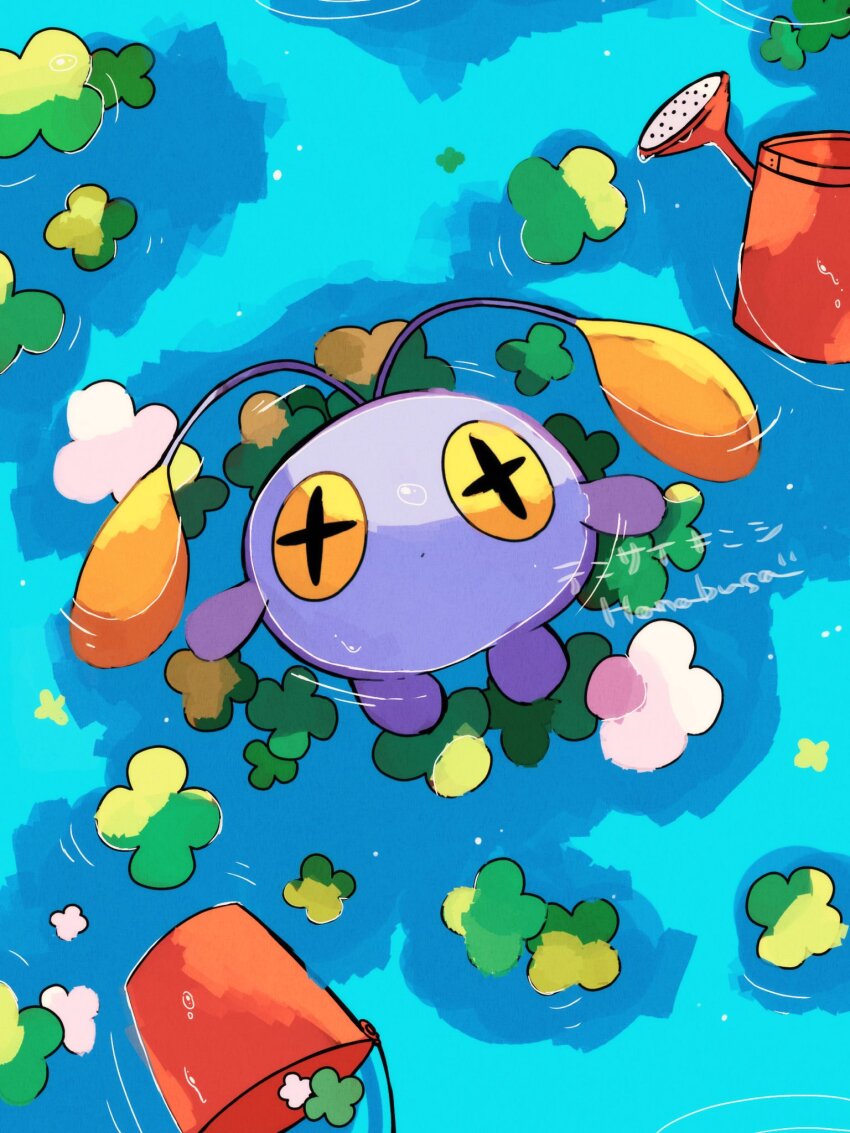 afloat animal_focus antennae artist_name blue_skin chinchou closed_mouth colored_skin commentary_request cross-shaped_pupils dot_mouth from_above gen_2_pokemon hanabusaoekaki highres nintendo no_humans pokemon pokemon_(creature) symbol-shaped_pupils water watering_can yellow_eyes