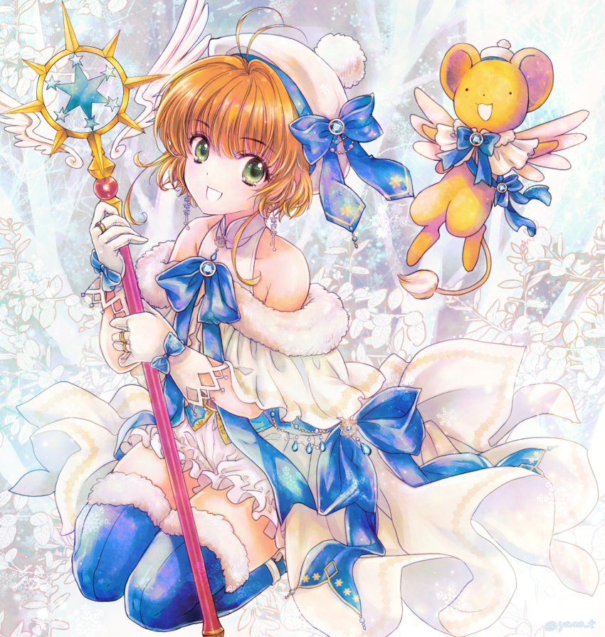 1girl bare_shoulders cardcaptor_sakura commentary_request gloves green_eyes hat highres kero_(cardcaptor_sakura) kinomoto_sakura looking_at_viewer magical_girl orange_hair short_hair smile thighhighs wand yano_takumi yume_no_tsue