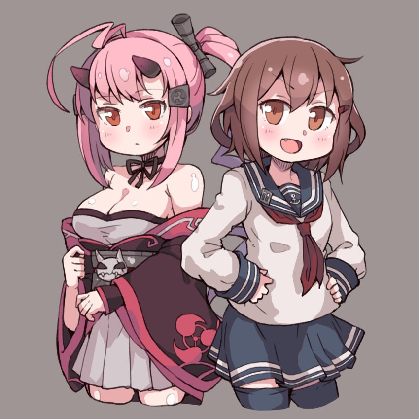 2girls ahoge azur_lane black_sailor_collar black_thighhighs blue_skirt blush breasts cleavage closed_mouth crossover dual_persona es_(eisis) fang grey_background hair_ornament hairclip highres historical_name_connection horns ikazuchi_(azur_lane) ikazuchi_(kancolle) kantai_collection long_hair long_sleeves medium_breasts mitsudomoe_(shape) multiple_girls name_connection neck_ribbon neckerchief oni_horns open_mouth orange_eyes pink_hair red_neckerchief ribbon sailor_collar school_uniform serafuku short_hair simple_background skirt thighhighs tomoe_(symbol) wide_sleeves