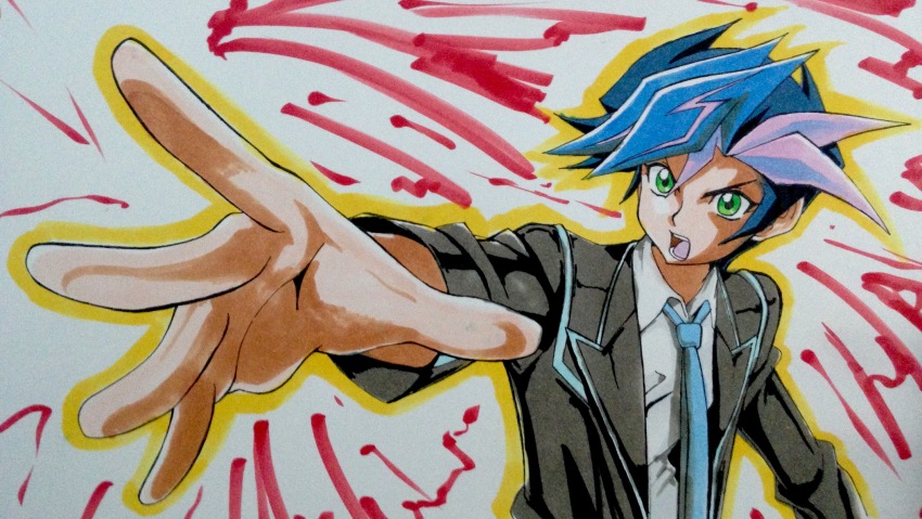 1boy absurdres arm_at_side black_hair black_jacket blazer blue_necktie blue_trim colored_bangs dress_shirt facing_to_the_side fujiki_yusaku green_eyes highres jacket looking_to_the_side loose_necktie male_focus marker_(medium) necktie open_hand open_mouth outline outstretched_arm school_uniform shirt shouting spiked_hair traditional_media turning_head white_background white_shirt yellow_outline yu-gi-oh! yu-gi-oh!_vrains zeke_(analogmon)