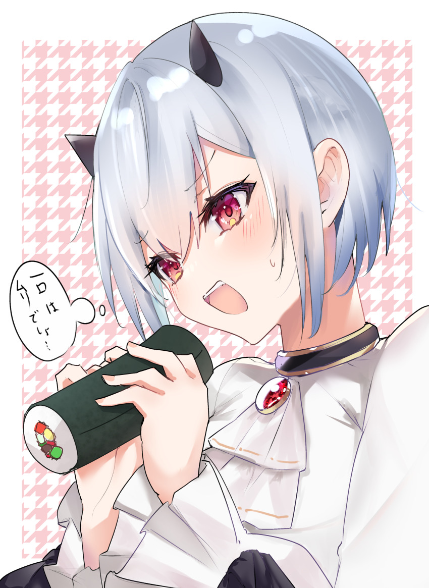 1girl absurdres blush demon_girl demon_horns facing_to_the_side food grey_hair hakase_fuyuki hakase_fuyuki_(3rd_costume) highres horns looking_to_the_side nijisanji open_mouth red_eyes short_hair solo sushi translation_request virtual_youtuber yayoi_asuka