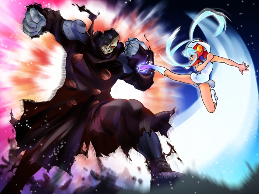 00s 1boy 1girl battle braiking_boss casshern_(series) casshern_sins coat epic kicking luna_(casshern_sins) punching trench_coat