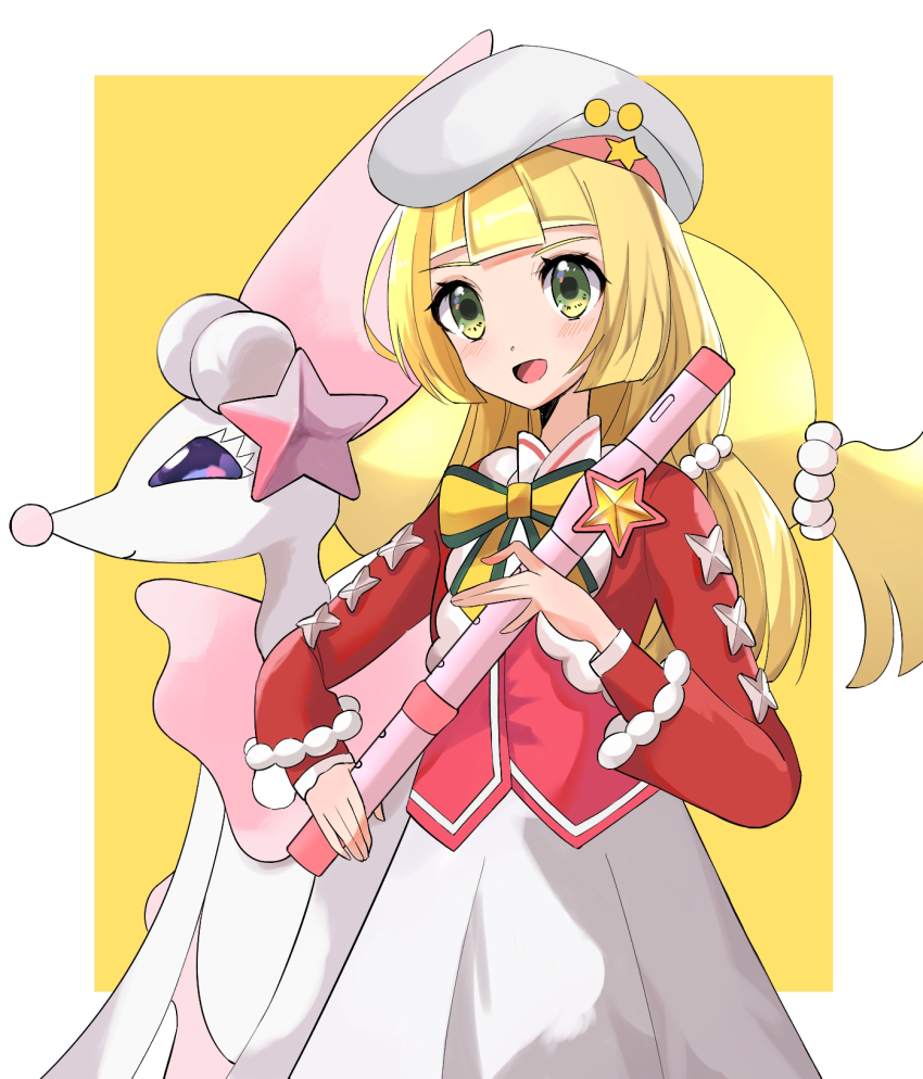 1girl :d alternate_color beads beret blonde_hair blunt_bangs border commentary_request eyelashes gen_7_pokemon green_eyes happy hat highres holding holding_instrument instrument jacket lillie_(holiday_2024)_(pokemon) lillie_(pokemon) long_hair long_sleeves nintendo official_alternate_costume open_clothes open_jacket open_mouth pink_vest pokemon pokemon_(creature) pokemon_masters_ex primarina red_jacket skirt smile srsmgmg vest white_border white_skirt yellow_background