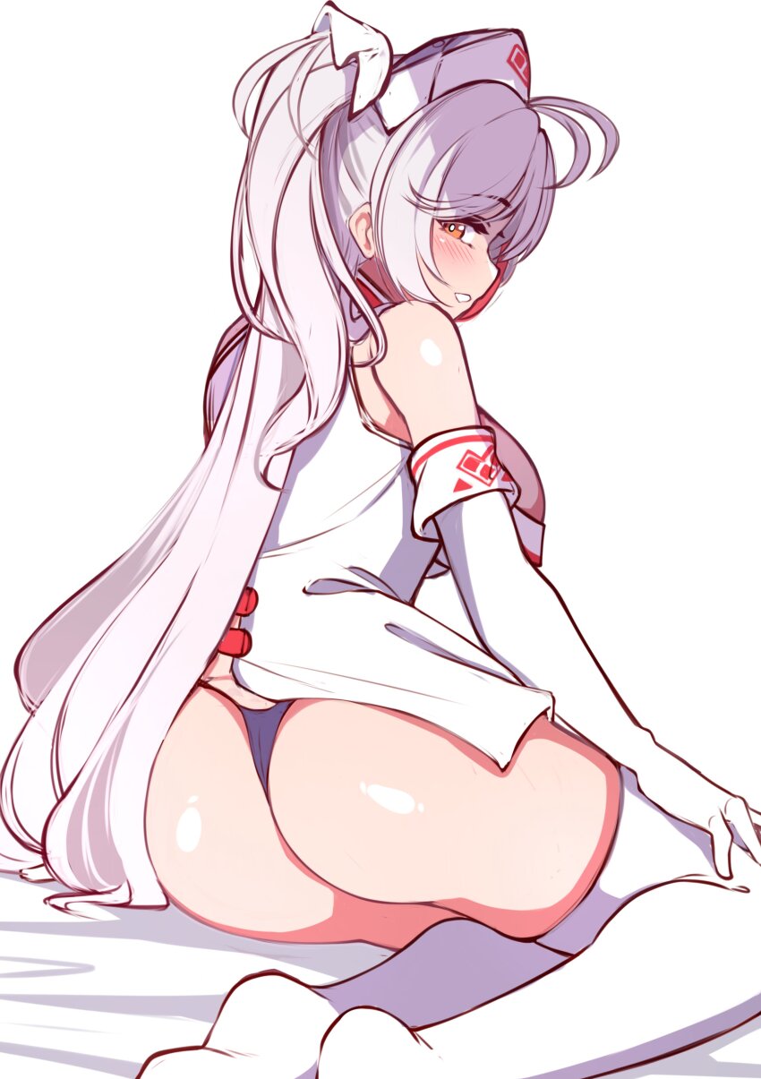 1girl absurdres ass azur_lane bare_shoulders blush breasts brown_eyes commentary_request dress elbow_gloves from_behind gloves grey_hair hat highres large_breasts long_hair looking_at_viewer looking_back moyoron no_shoes nurse nurse_cap panties prinz_eugen_(azur_lane) profile purple_panties simple_background sleeveless sleeveless_dress smile soles solo thighhighs two_side_up underwear very_long_hair white_background white_dress white_gloves white_hat white_thighhighs