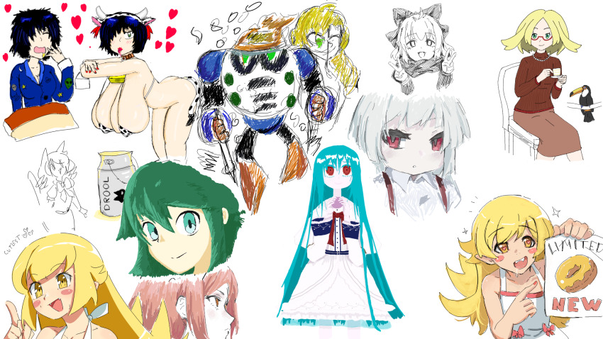 :d animal animal_print bianca_(pokemon) bikini bird black_hair blizzard_man blonde_hair blue_hair blush_stickers breasts brown_skirt chair cleavage closed_eyes cow_horns cow_print crossover cup double_v dress drooling english_text fake_horns glasses green_eyes green_hair heart highres hinanawi_tenshi holding holding_cup holding_paper horns huge_breasts jewelry long_hair long_sleeves looking_at_viewer mega_man_(classic) mega_man_(series) mega_man_6 monogatari_(series) multiple_crossover multiple_girls nazo_no_kanojo_x necklace nintendo notice_lines on_chair open_mouth oshino_shinobu paper pointing pokemon pokemon_bw2 print_bikini ricman_rt saliva saya_(saya_no_uta) saya_no_uta sharp_teeth sitting sketch skirt sleeveless sleeveless_dress smile swimsuit teacup teeth toucan touhou upper_teeth_only urabe_mikoto v white_dress yawning