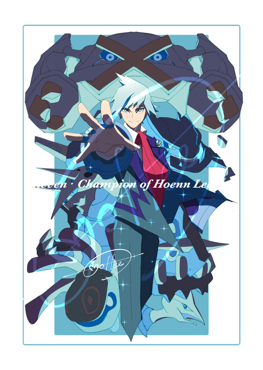 1boy absurdres aggron bastiodon border cccacademia character_name collared_shirt commentary_request cradily gen_2_pokemon gen_3_pokemon gen_4_pokemon highres jacket jewelry looking_at_viewer male_focus metagross nintendo outstretched_hand pants pokemon pokemon_(creature) pokemon_oras ring shirt short_hair signature skarmory smile sparkle spread_fingers steelix steven_stone white_border white_shirt