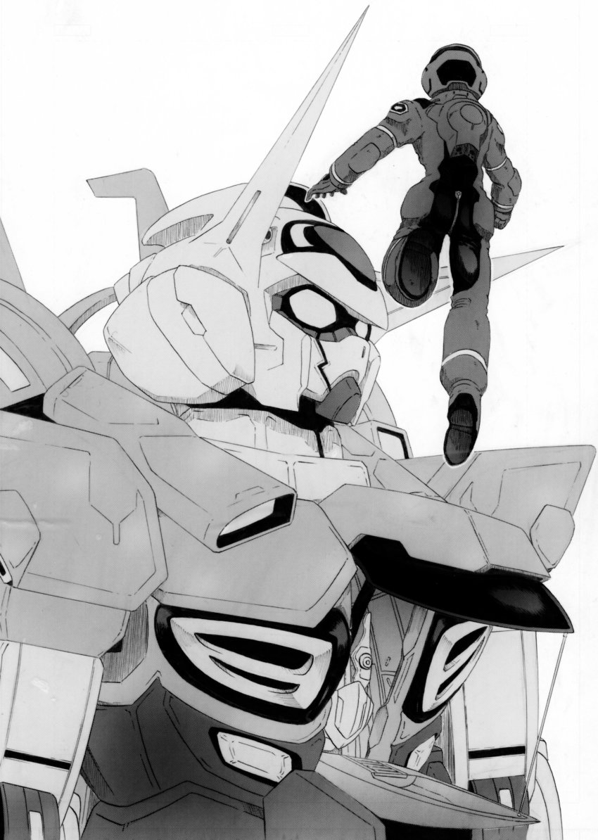 1boy absurdres bellri_zenam clenched_hand floating g-self gloves greyscale gundam gundam_g_no_reconguista helmet highres mecha mecha_pilot_suit mobile_suit monochrome normal_suit_(gundam) official_art oota_tamon open_hand pilot_suit robot white_background