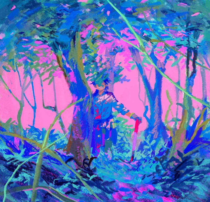 1boy black_hair blood blood_on_clothes blood_splatter clothes_around_waist colorful commentary_request covered_eyes facing_viewer foliage forest grass grin hand_on_hilt hashiwo highres implied_murder jacket jacket_around_waist long_sleeves low_ponytail male_focus nature original pants pink_background planted planted_shovel ponytail shirt short_hair short_ponytail shovel sleeves_rolled_up smile solo standing tall_grass white_shirt wide_shot work_gloves