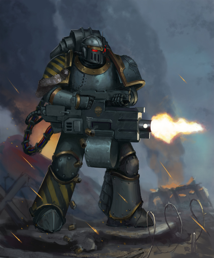 1.00_calibre_bolt 1boy absurdres adeptus_astartes advisorium anti-materiel_cartridge armor armored_boots bolt_(warhammer_40k) boots cannon_cartridge drum_magazine firing full_body gauntlets glowing glowing_eyes grey_sky gun hazard_stripes heavy_bolter heavy_machine_gun helmet high-explosive_cartridge highres holding holding_gun holding_weapon iron_warriors machine_gun magazine_(weapon) outdoors pauldrons power_armor red_eyes shell_casing shoulder_armor sky smoke solo space_marine standing warhammer_40k weapon