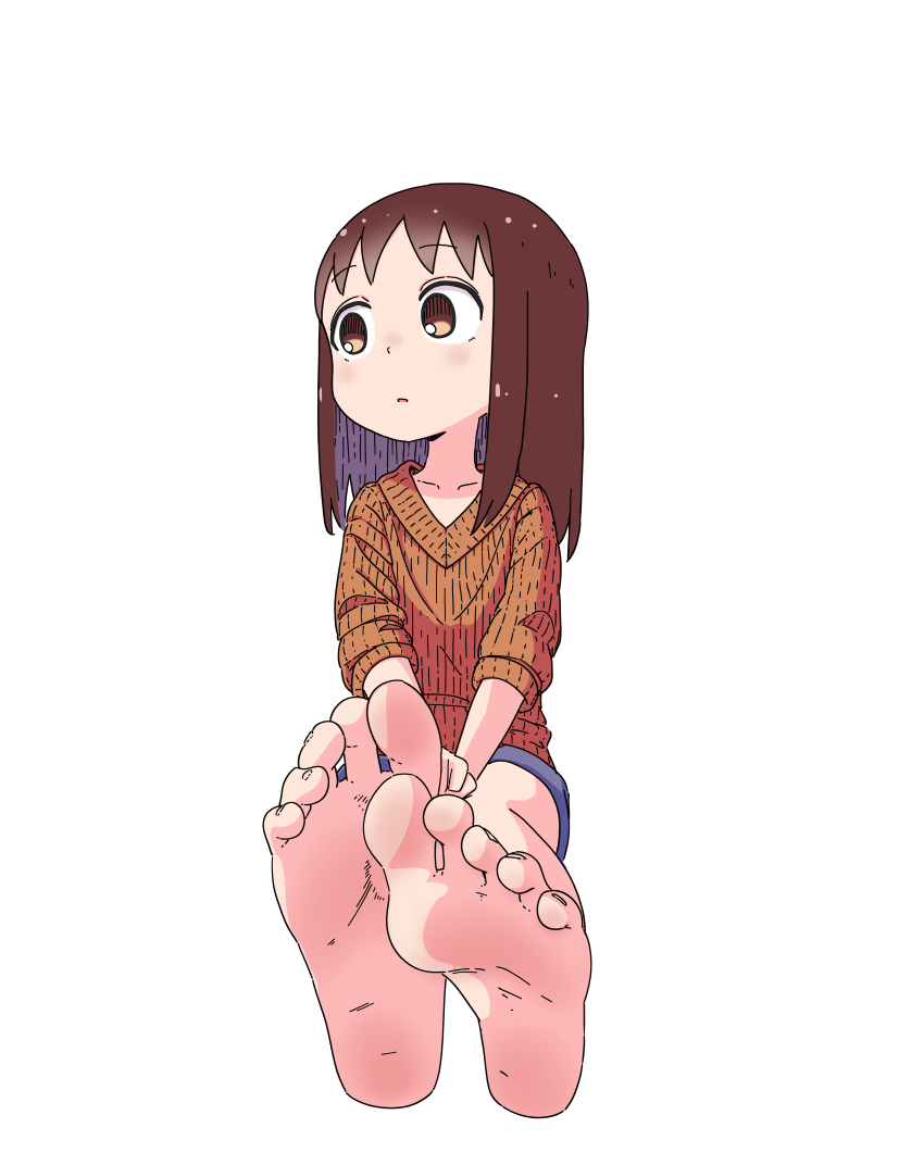 1girl absurdres azumanga_daiou barefoot blue_shorts brown_eyes brown_hair feet foot_focus foreshortening highres kasuga_ayumu legs leims_(urje8584) medium_hair orange_sweater parted_lips ribbed_sweater short_shorts shorts simple_background sitting sleeves_pushed_up soles solo sweater toes v-neck v_arms white_background