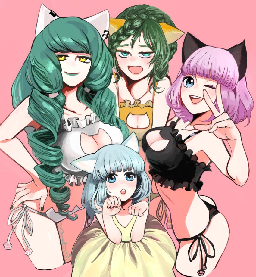 4girls animal_cutout animal_ears anne_petriceani bell black_bra black_panties bra breasts cat_cutout cat_ear_panties cat_ears cat_lingerie cleavage_cutout clothing_cutout dress fiore_brunelli flat_chest frilled_bra frills highres jingle_bell large_breasts long_hair looking_at_viewer medium_breasts meme_attire miki_sauvester multiple_girls open_mouth panties paw_pose relia_(star_ocean) short_hair side-tie_panties simple_background smile sowasan_(sowasowa) star_ocean star_ocean_integrity_and_faithlessness underwear underwear_only white_bra