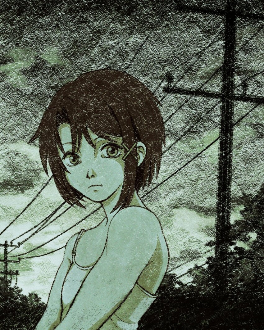 1girl closed_mouth commentary cryptidhermit english_commentary frown hair_ornament highres iwakura_lain looking_at_viewer monochrome outdoors power_lines serial_experiments_lain short_hair single_sidelock solo upper_body utility_pole x_hair_ornament