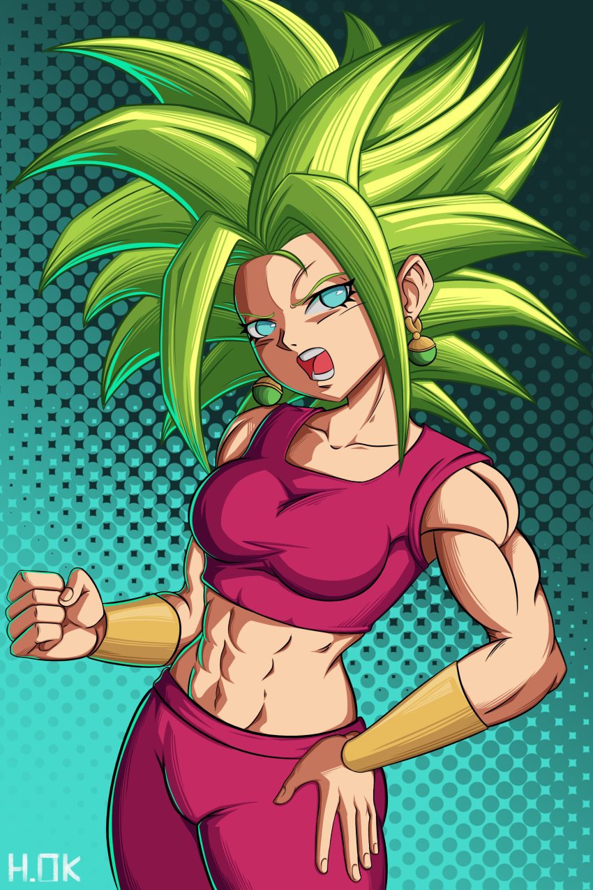 1girl abs absurdres aqua_background blue_eyes bracelet breasts dragon_ball dragon_ball_super earrings fusion gradient_background green_hair hand_on_own_hip highres hugo_okami jewelry kefla_(dragon_ball) medium_breasts muscular muscular_female nails open_mouth pants polka_dot polka_dot_background potara_earrings spiked_hair super_saiyan teeth