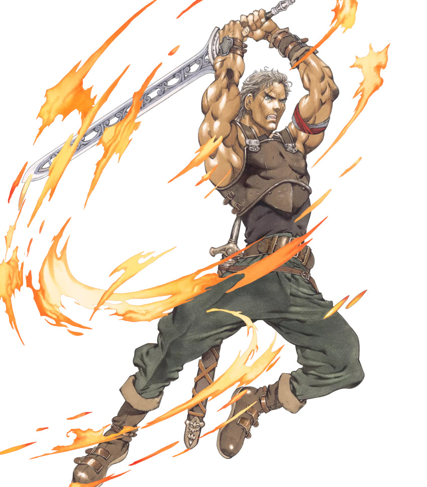 1boy biceps blonde_hair boots cross_scar fire_emblem fire_emblem:_new_mystery_of_the_emblem fire_emblem:_shadow_dragon full_body green_pants highres holding holding_sword holding_weapon male_focus mature_male muscular muscular_male nintendo official_art ogma_(fire_emblem) pants scar scar_across_eye scar_on_face sword third-party_source weapon yamada_akihiro