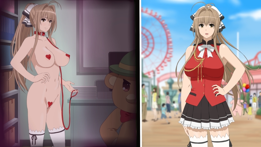 1girl amagi_brilliant_park animal_collar balloon bare_arms bare_shoulders bdsm black_skirt blurry bookcase bookshelf bow bowtie breasts brown_eyes brown_hair cleft_of_venus cloud collar collarbone cottage cowboy_shot day depth_of_field desk facing_viewer ferris_wheel green_headwear hair_intakes hair_ribbon hand_on_own_hip hat heart_maebari heart_pasties high_ponytail highres indoors large_breasts leash long_hair looking_at_viewer maebari mascot miniskirt moffle navel open_mouth outdoors pasties pleated_skirt ponytail red_headwear red_pasties ribbon sento_isuzu skirt sky smile solo_focus split_image standing tagme thighhighs vest white_thighhighs zettai_ryouiki