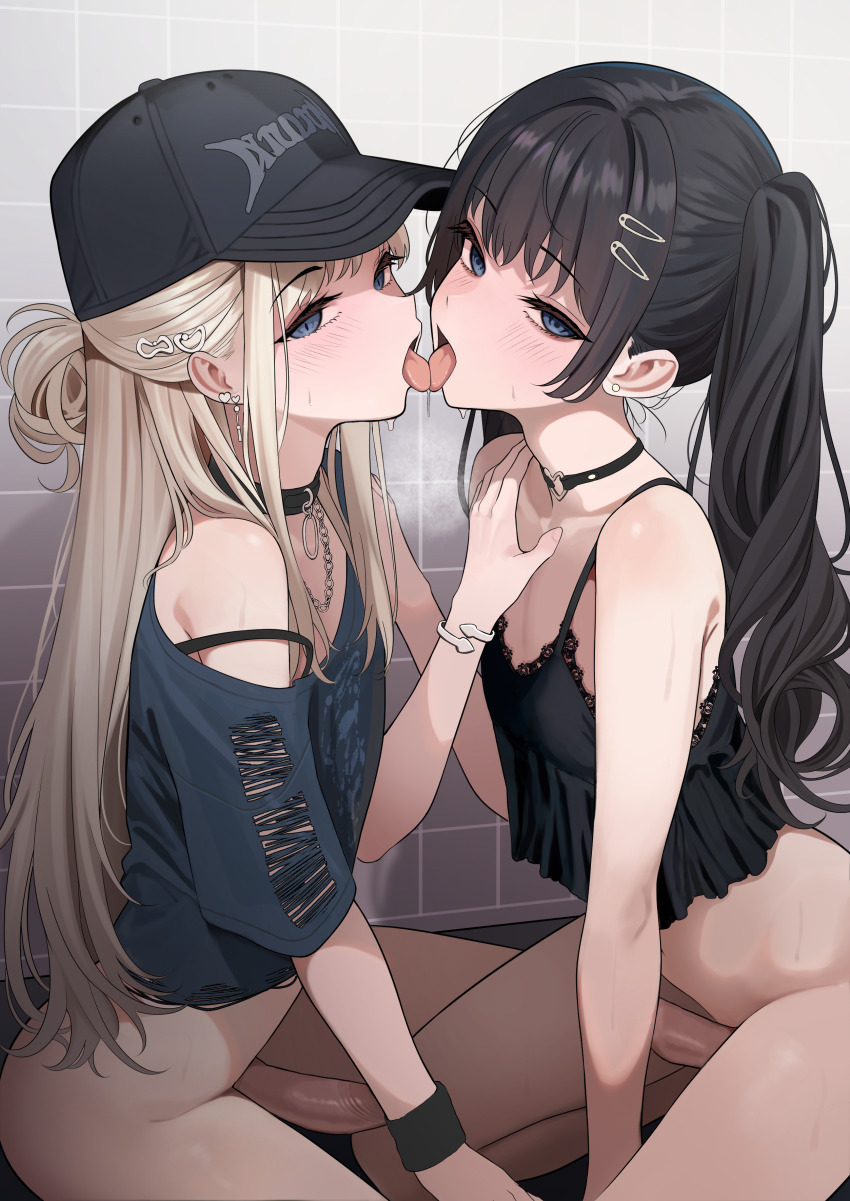 2boys absurdres arm_support bare_shoulders baseball_cap black_camisole black_choker black_hair black_hat blonde_hair blue_eyes blue_shirt blush bottomless bra_strap bracelet camisole choker crossdressing decensored earrings erection eyes_visible_through_hair flat_chest french_kiss hair_ornament hairclip half-closed_eyes hand_on_another&#039;s_chest hat heart heart_earrings heart_o-ring highres jewelry kiss light_blush long_hair looking_at_viewer male_focus multiple_boys o-ring o-ring_choker open_mouth original penis saliva saliva_trail seiza shirt sitting strap_slip stud_earrings sweat third-party_edit tile_wall tiles tongue tongue_out trap trap_on_trap turisasu twintails uncensored very_long_hair wristband yaoi