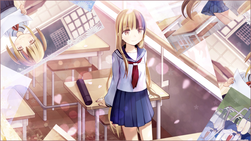 1girl arm_support blonde_hair blue_skirt blunt_bangs brown_eyes classroom collarbone desk female_focus galaco galaco_(neo) highres indoors kari_kenji long_hair miniskirt multicolored_hair neckerchief pleated_skirt purple_hair red_neckerchief school_uniform serafuku skirt smile solo standing two-tone_hair very_long_hair vocaloid