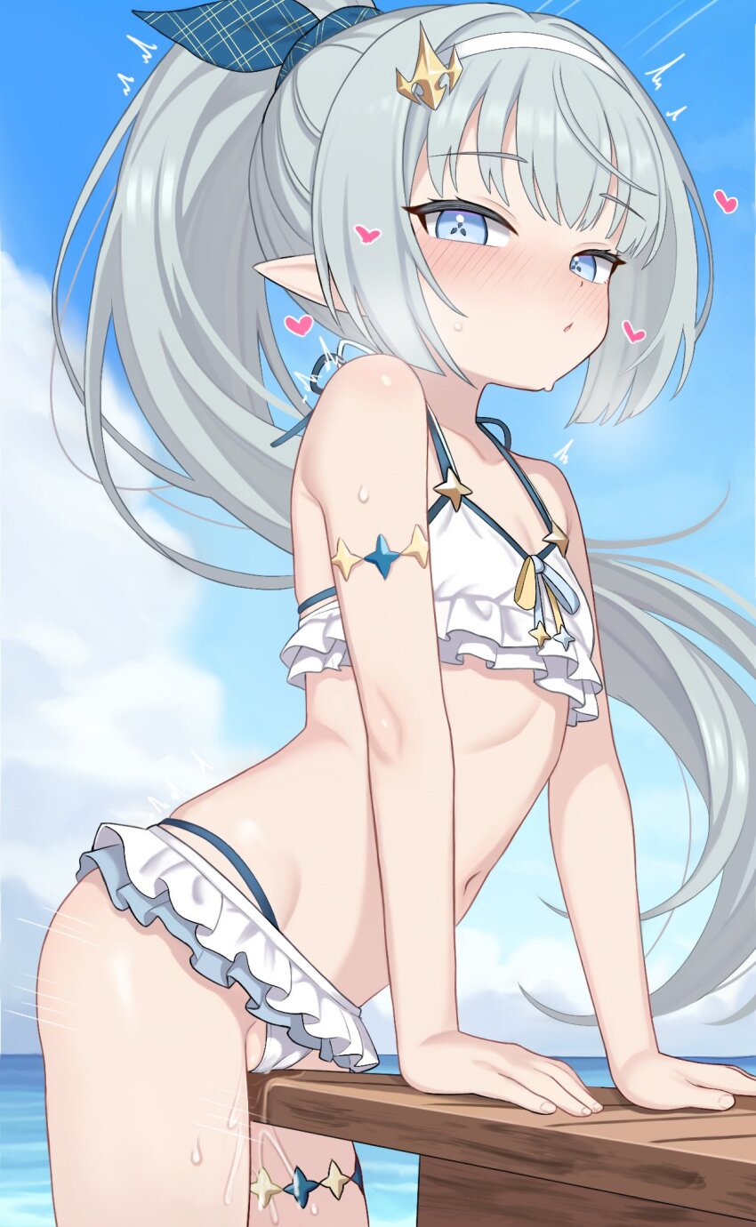 1girl bikini blue_eyes blue_sky blush breasts cameltoe crotch_rub day female_focus female_tyrant_(stella_sora) grey_hair hairband heart long_hair looking_at_viewer mafunyo masturbation navel open_mouth outdoors pointy_ears ponytail pussy_juice sky small_breasts solo stella_sora swimsuit table_humping tyrant_(stella_sora) white_bikini white_hairband