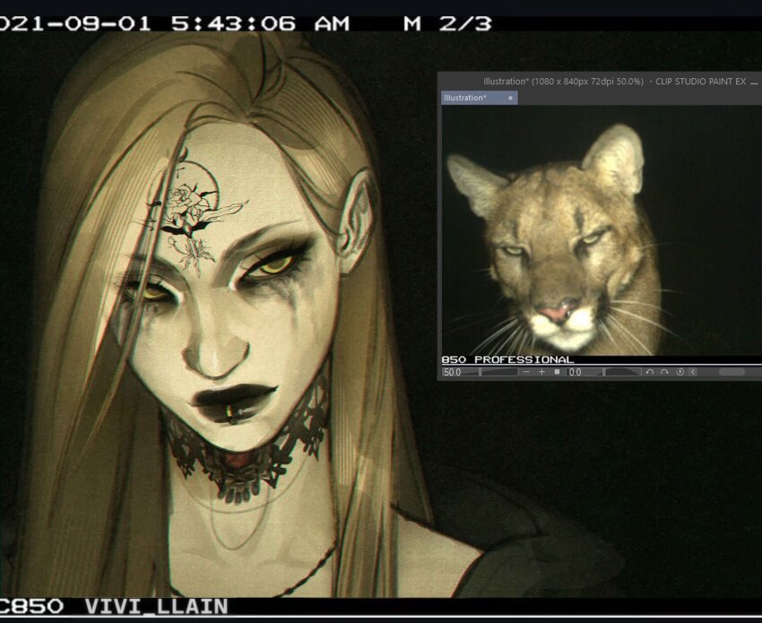 1girl bela_dimitrescu black_background black_choker black_eyeshadow black_hair blonde_hair choker eyeshadow face_piercing forehead_tattoo frown highres lip_piercing lip_ring looking_at_viewer makeup musunde_hiraite_rasetsu_to_mukuro_(vocaloid) photo-referenced piercing reference_inset resident_evil resident_evil_village runny_makeup side_part solo static straight_hair tattoo videocassette_recorder vivi_llain yellow_eyes