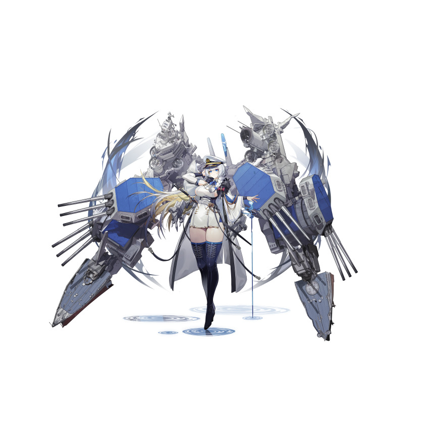 1girl absurdres adapted_turret arm_up artist_request autocannon blue_boots blue_eyes bofors_40_mm_gun boots braid breasts cannon closed_mouth coat dress fur-trimmed_coat fur_trim grey_hair hat highres knee_boots looking_at_viewer new_mexico_(warship_girls_r) oerlikon_20mm_gun official_art rigging ship_turret side_braid sideboob solo transparent_background warship_girls_r white_coat white_dress white_hat