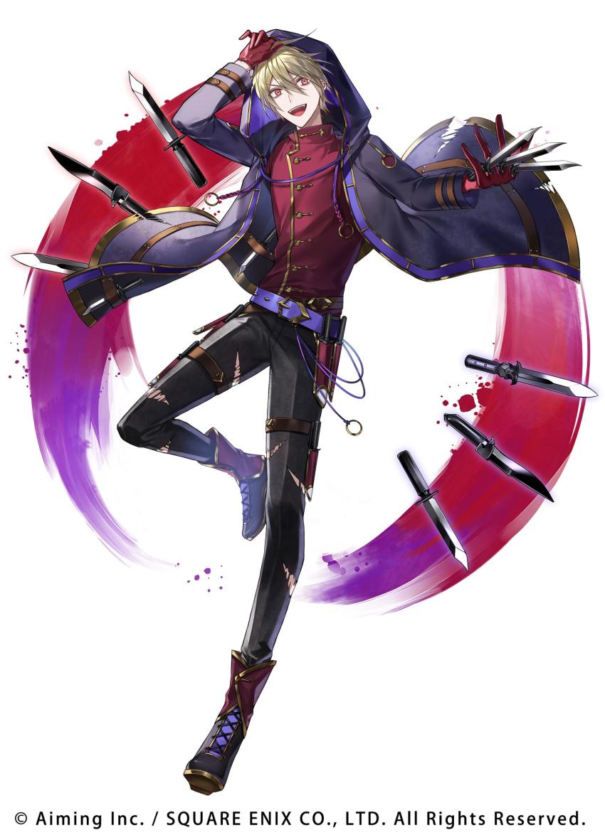 1boy :d absurdres airm ankle_boots belt belt_buckle between_fingers black_pants blonde_hair blood blood_splatter boots brown_belt buckle copyright_notice dagger fangs full_body gestalt_odin gloves gold_trim hair_between_eyes hand_up highres holding holding_knife holster holstered hood hood_up hooded_jacket jacket knife knives_between_fingers leg_up looking_at_viewer o-ring official_art open_mouth pants purple_belt purple_jacket red_eyes red_gloves red_shirt shirt short_hair smile teeth thigh_holster torn_clothes torn_jacket torn_pants upper_teeth_only v-shaped_eyebrows weapon white_background