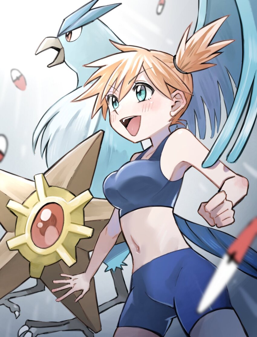 1girl :d articuno asymmetrical_hair blue_shorts blush breasts clenched_hand eyelashes gen_1_pokemon green_eyes gym_leader hair_tie highres holding legendary_pokemon looking_at_viewer medium_breasts midriff misty_(pokemon) navel nintendo open_mouth orange_hair plum0o0 poke_ball pokemon pokemon_frlg pokemon_tcg pokemon_tcg_pocket ponytail shirt short_hair short_shorts shorts side_ponytail smile solo standing staryu teeth tongue upper_teeth_only