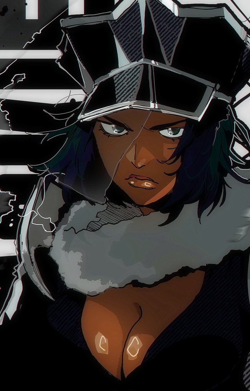 1girl absurdres angry bleach breasts cleavage closed_mouth dark-skinned_female dark_skin eyelashes fur_collar green_eyes green_hair hat highres isaacchief300 jackie_tristan large_breasts lips low_neckline medium_hair military_hat monochrome_background official_alternate_costume paint_splatter peaked_cap shadow solo unmoving_pattern v-shaped_eyebrows veil very_dark_skin