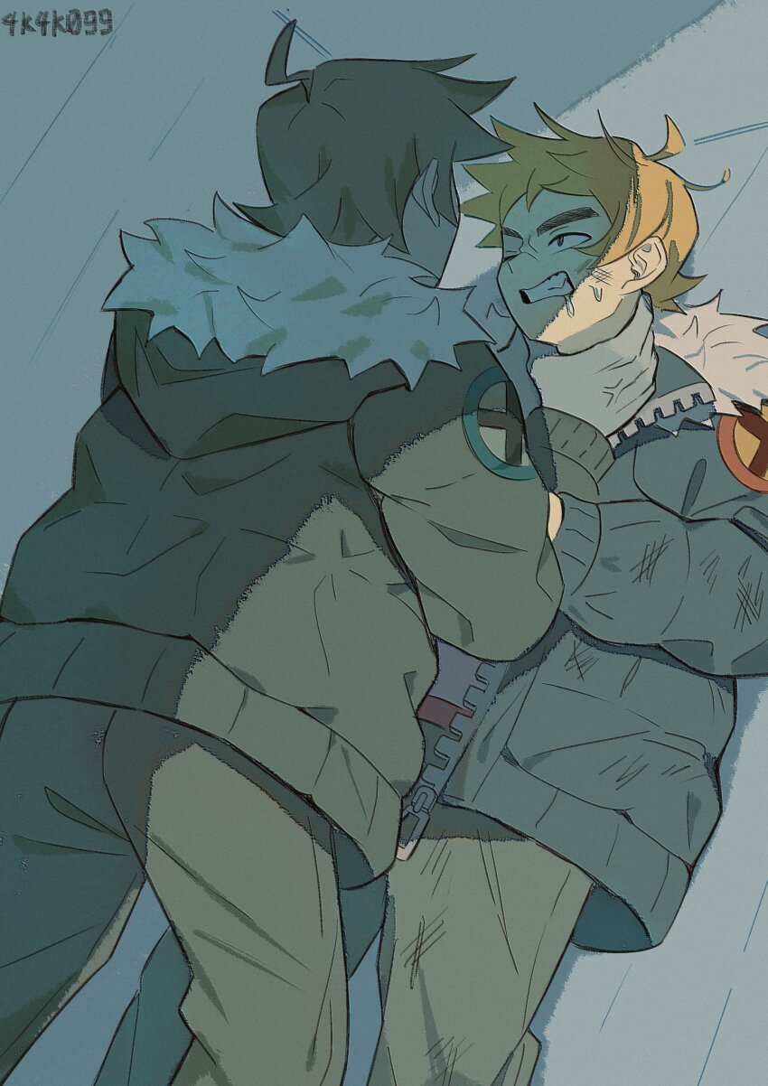 2boys 4k4k099 ahoge bad_id bad_twitter_id clenched_teeth colored_skin dark_persona dual_persona fur-trimmed_jacket fur_trim grey_hair grey_skin highres hood hood_down jacket lightning_ahoge male_focus multiple_boys nega_scott one_eye_closed open_clothes open_jacket orange_hair pants saliva scene_reference scott_pilgrim scott_pilgrim_(comics) scott_pilgrim_(series) strangling teeth thick_eyebrows