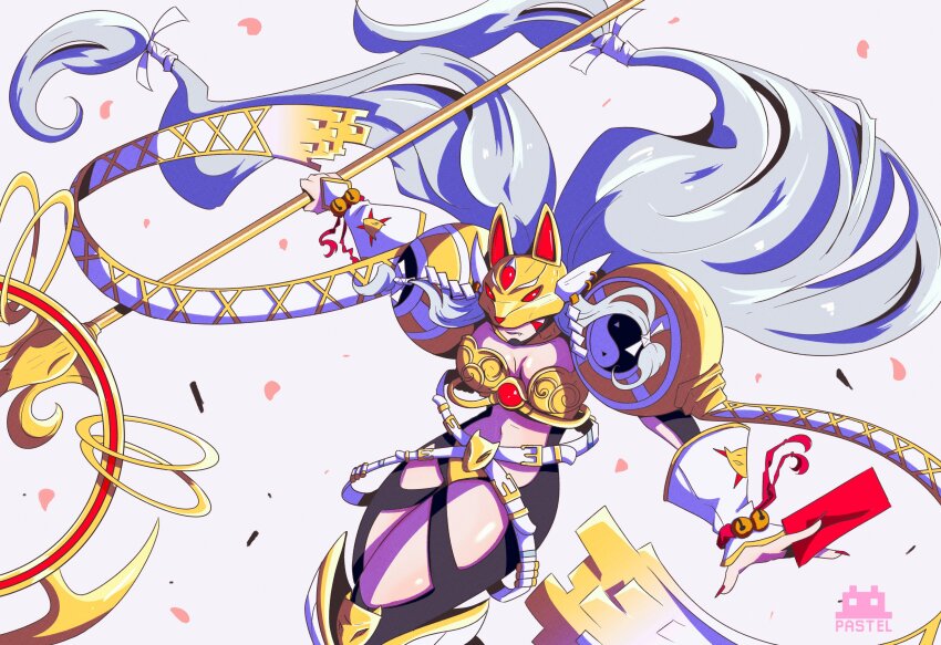 1girl absurdres armor digimon digimon_(creature) female_focus fox_mask highres mask nail_polish sakuyamon sakuyamon_x-antibody solo yin_yang