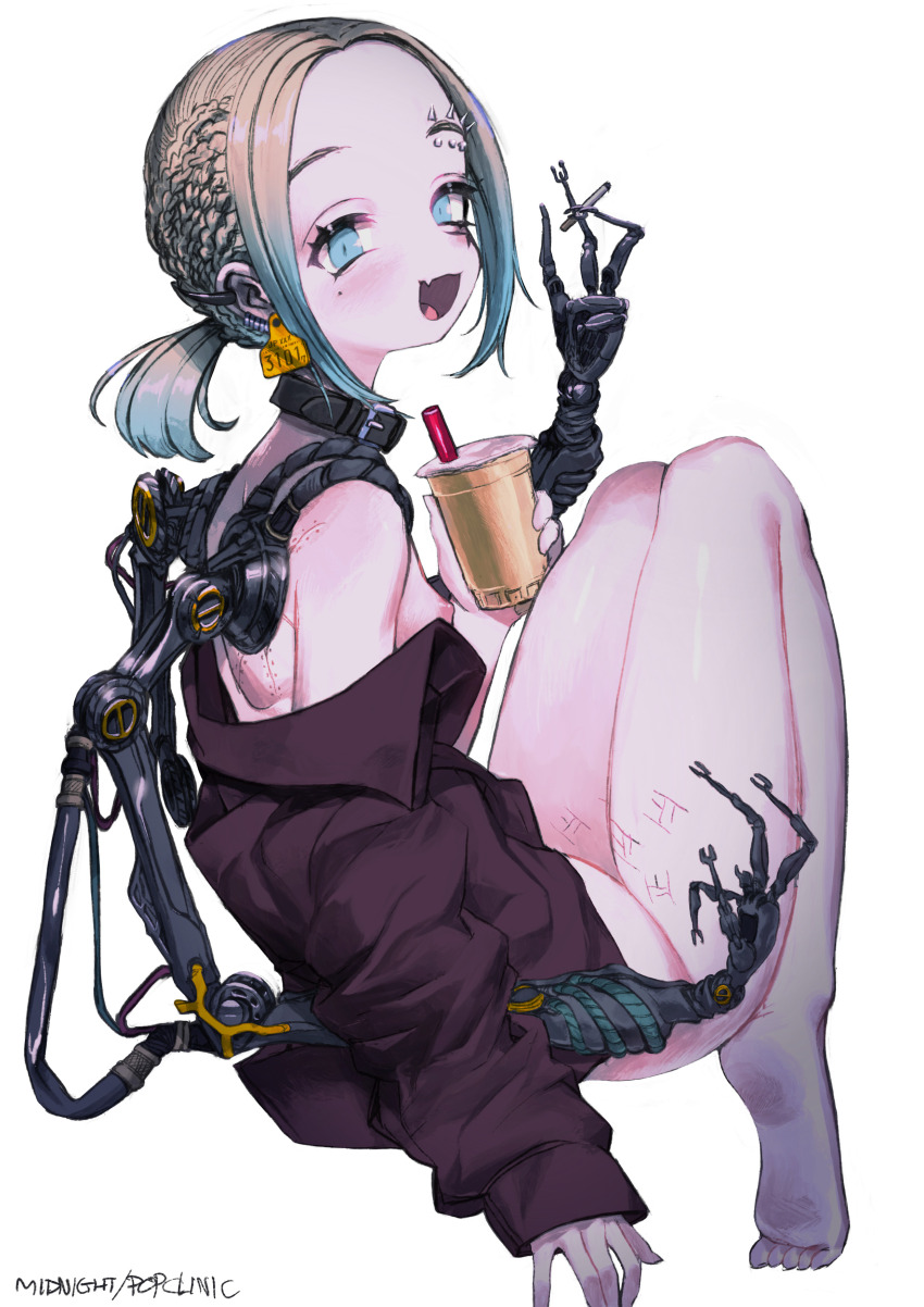 1girl :d absurdres bare_shoulders barefoot black_collar blonde_hair blue_eyes blue_hair braid breasts cigarette collar cup cyborg drinking_straw extra_arms eyebrow_piercing face_piercing fang from_side full_body gradient_hair highres holding holding_cigarette holding_cup knees_up long_hair long_sleeves looking_at_viewer mechanical_arms mole mole_under_eye multicolored_hair naked_shirt nipples off_shoulder open_mouth original piercing ponytail shirt simple_background sitting small_breasts smile solo tally white_background yu_(stdio_nameraka)