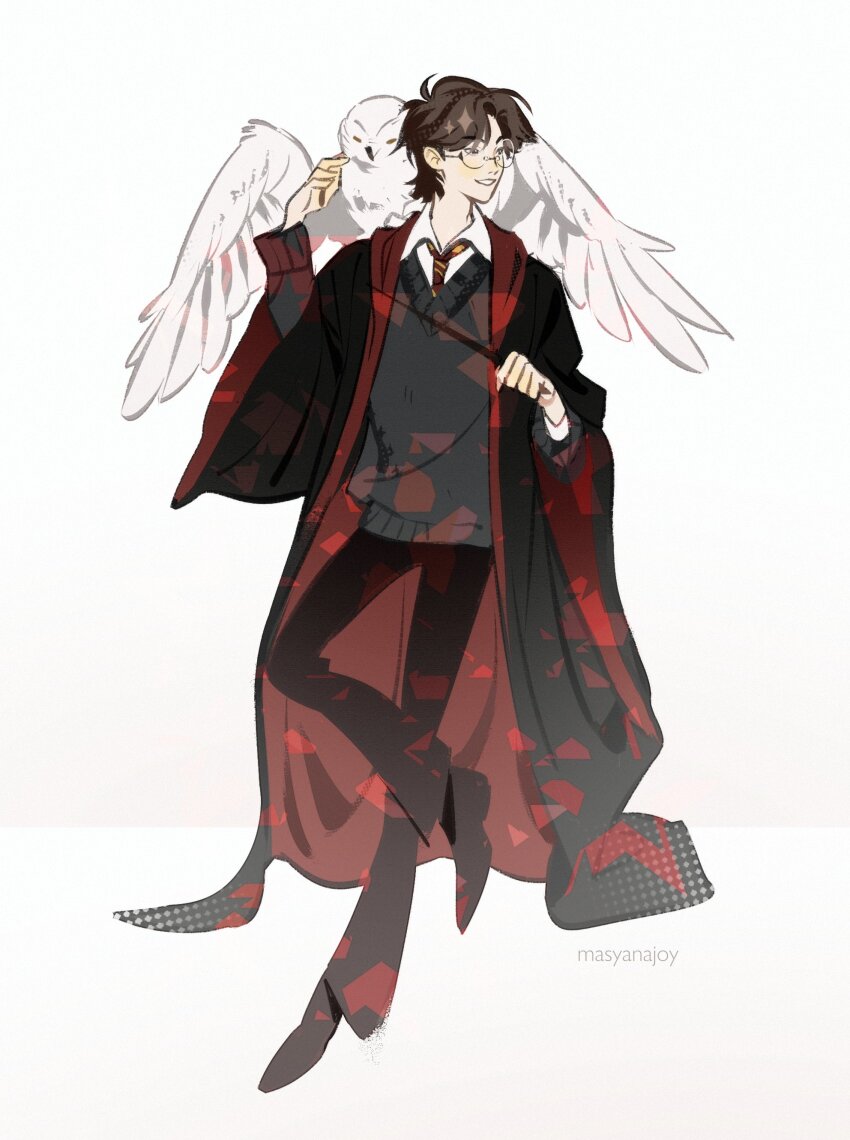 1boy absurdres bird black_cloak black_eyes black_footwear black_pants black_robe brown_hair cloak collared_shirt commentary full_body grey_sweater gryffindor hand_up harry_potter harry_potter_(series) hedwig highres hogwarts_school_uniform holding holding_wand long_sleeves male_focus masyanajoy necktie open_mouth owl pants red_cloak red_lining red_necktie robe round_eyewear scarf school_uniform shirt short_hair simple_background smile snowy_owl solo striped_clothes striped_necktie striped_scarf sweater wand white_background white_shirt wide_sleeves wizarding_world
