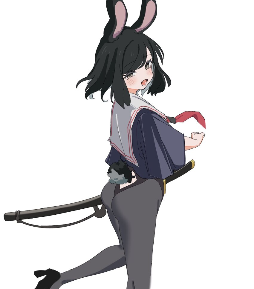 1girl :d animal_ears bad_id bad_twitter_id black_hair black_leotard black_pantyhose black_shoes blush brown_eyes colored_inner_hair commentary_request cropped_shirt fang grey_hair high_heels highres katana leotard leotard_under_clothes looking_at_viewer multicolored_hair neckerchief open_mouth original osakana_(kitasisn) pantyhose purple_shirt rabbit_ears rabbit_girl rabbit_tail red_neckerchief sailor_collar sailor_shirt scabbard sheath sheathed shirt shoes simple_background skin_fang smile solo standing standing_on_one_leg sword tail weapon white_background white_sailor_collar