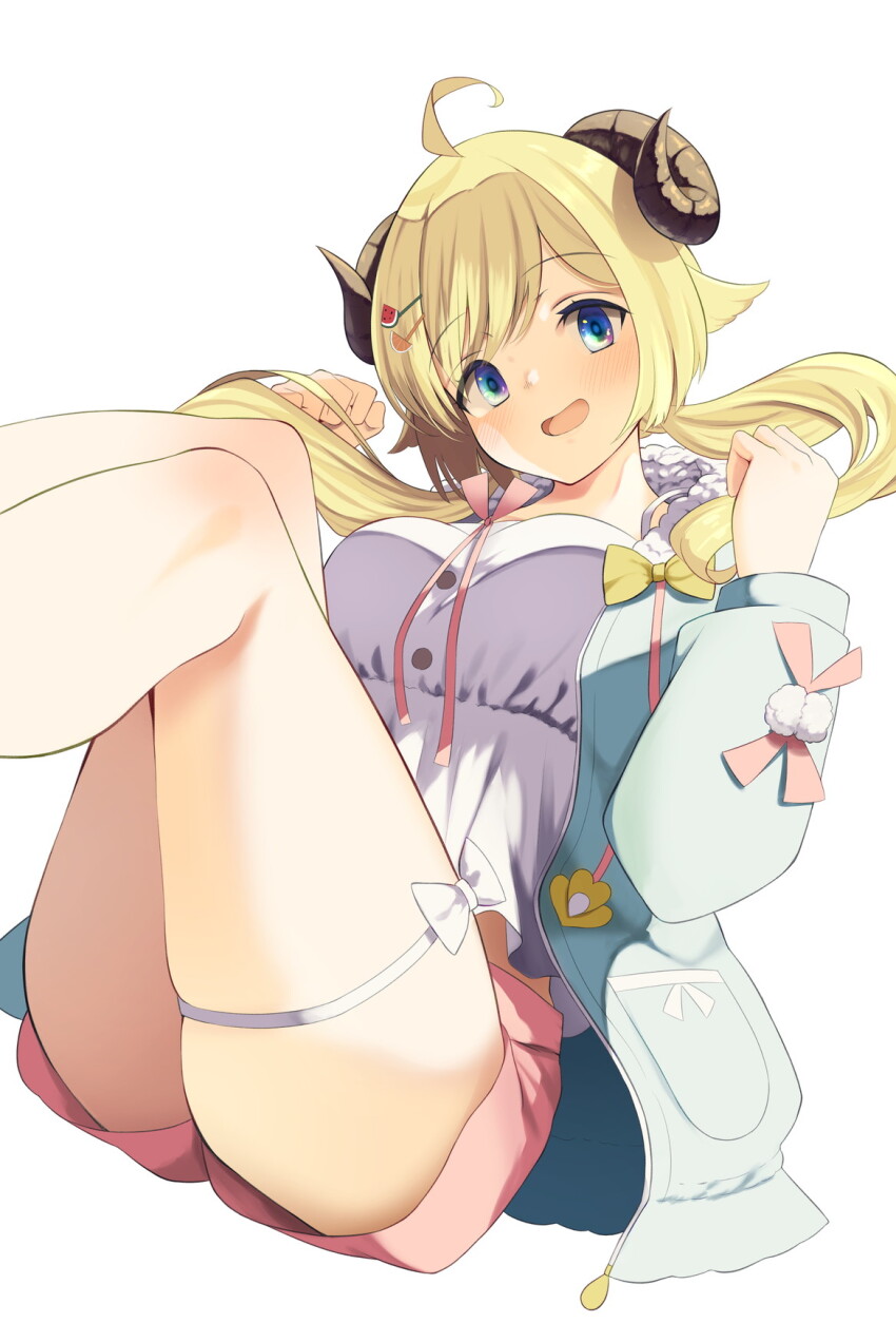 1girl ahoge animal_ears blonde_hair blue_eyes breasts camisole commentary_request curled_horns empire_waist feet_out_of_frame food-themed_hair_ornament green_jacket hair_ornament hairclip highres hololive hood hooded_jacket horns jacket long_hair looking_at_viewer loungewear low_twintails medium_breasts official_alternate_costume official_alternate_hairstyle orange_hair_ornament pink_shorts sheep_ears sheep_girl sheep_horns short_shorts shorts simple_background skindentation solo swept_bangs thigh_strap tsunomaki_watame tsunomaki_watame_(loungewear) twintails virtual_youtuber wakadori1234 watermelon_hair_ornament white_background white_camisole