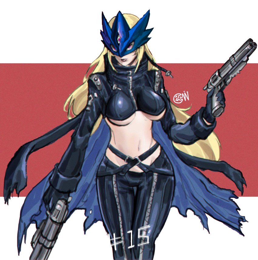 1girl absurdres beelstarmon belt blonde_hair breasts combination_weapon digimon gun handgun highres large_breasts long_hair mask multiple-barrel_gun multiple-barrel_gun red_eyes revealing_clothes revolver solo standing third_eye underboob weapon wide_hips