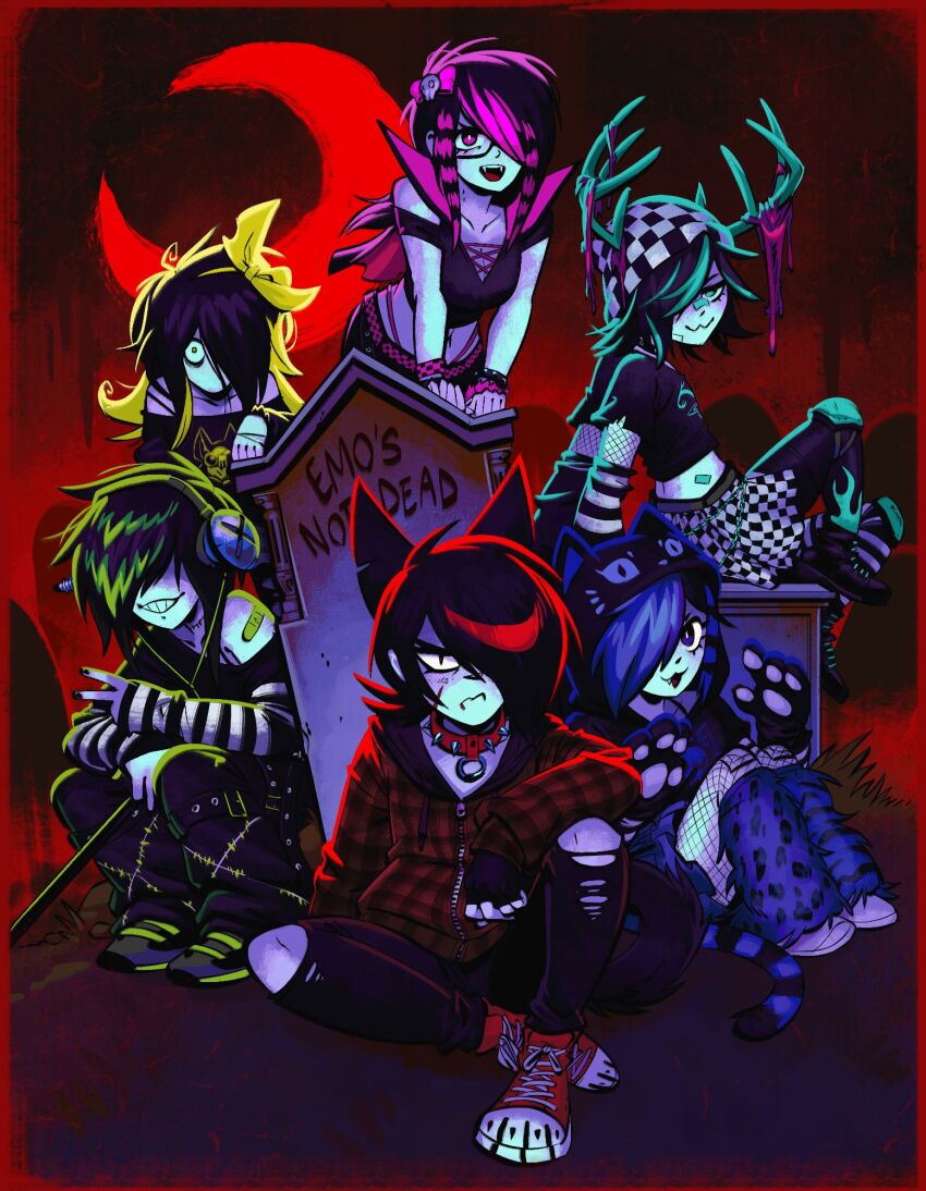 6+girls angusburgers animal_ears animal_hands animal_hood antlers black_hair border cat_hood cat_paws cat_tail collar commentary commission crescent_moon emo_fashion english_commentary english_text fake_animal_ears fur_leg_warmers hair_over_one_eye headphones highres hood hood_up horns leg_warmers long_hair looking_at_viewer moon multicolored_hair multiple_girls original raccoon_tails_(hairstyle) red_border scene_fashion short_hair spiked_collar spikes streaked_hair tail tombstone