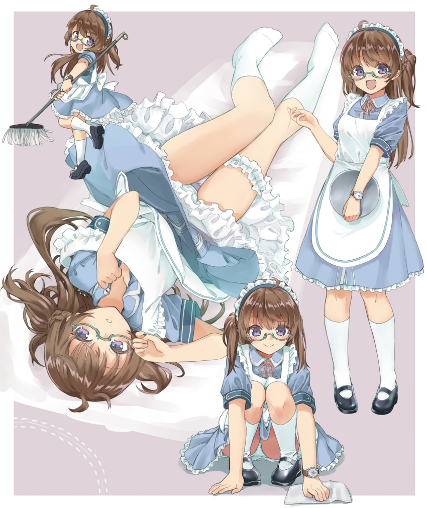 1girl ahoge alternate_costume amemiya_sekira apron black_footwear blue_dress blue_eyes blush breasts brown_hair collared_dress commentary_request dotted_line dress enmaided frilled_apron frilled_dress frills glasses green-framed_eyewear highres holding holding_tray long_hair lying maid maid_apron maid_headdress mop multiple_views neck_ribbon no_shoes on_back original panties cleaning_rag red_ribbon ribbon sekira_ame semi-rimless_eyewear shoe_soles shoes short_sleeves small_breasts socks squatting standing standing_on_one_leg tray two_side_up under-rim_eyewear underwear very_long_hair watch white_apron white_legwear white_panties wristwatch