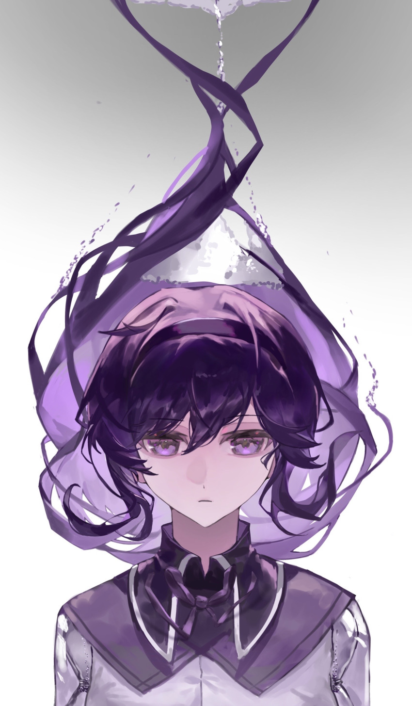 1girl absurdres akemi_homura akemi_homura_(magical_girl) baicha_nuwang black_capelet capelet closed_mouth collared_capelet dot_nose dress expressionless floating_hair gradient_background grey_background hair_between_eyes hair_floating_upwards hairband highres light_frown long_hair long_sleeves looking_at_viewer magical_girl mahou_shoujo_madoka_magica mahou_shoujo_madoka_magica_(anime) neck_ribbon pale_skin purple_capelet purple_eyes purple_hair purple_hairband purple_ribbon ribbon simple_background solo straight-on tsurime two-tone_capelet upper_body very_long_hair water_drop white_background white_dress