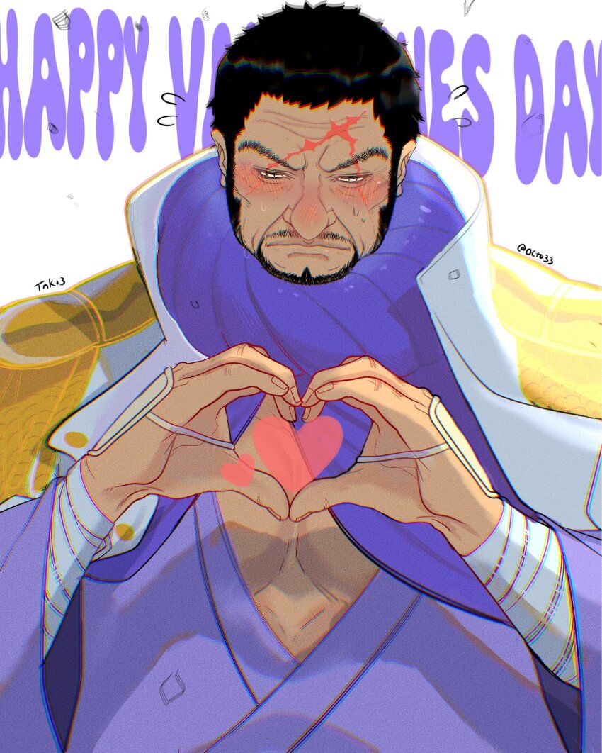 1boy bandaged_arm bandages bara black_hair blind blush facial_hair fujitora_(one_piece) hands_up heart heart_hands highres male_focus mature_male mustache_stubble octo33 old old_man one_piece pectoral_cleavage pectorals scar scar_across_eye scar_on_face scar_on_forehead short_hair shy simple_background solo stubble unusually_open_eyes upper_body wrinkled_skin