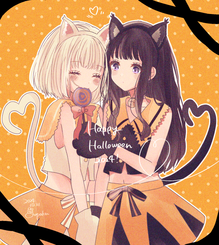 2girls animal_ear_hairband animal_ears animal_hands arupaka5tuki bell black_hair black_shirt black_skirt blonde_hair candy cat_ear_hairband cat_ears closed_mouth commentary_request dated fake_animal_ears fake_tail fang food gloves hairband happy_halloween heart heart_tail highres holding holding_candy holding_food holding_lollipop inoue_takina lollipop long_hair looking_at_another lycoris_recoil midriff multiple_girls navel neck_bell nishikigi_chisato orange_background orange_skirt paw_gloves purple_eyes sash shirt short_hair signature skin_fang skirt tail white_shirt yellow_sash
