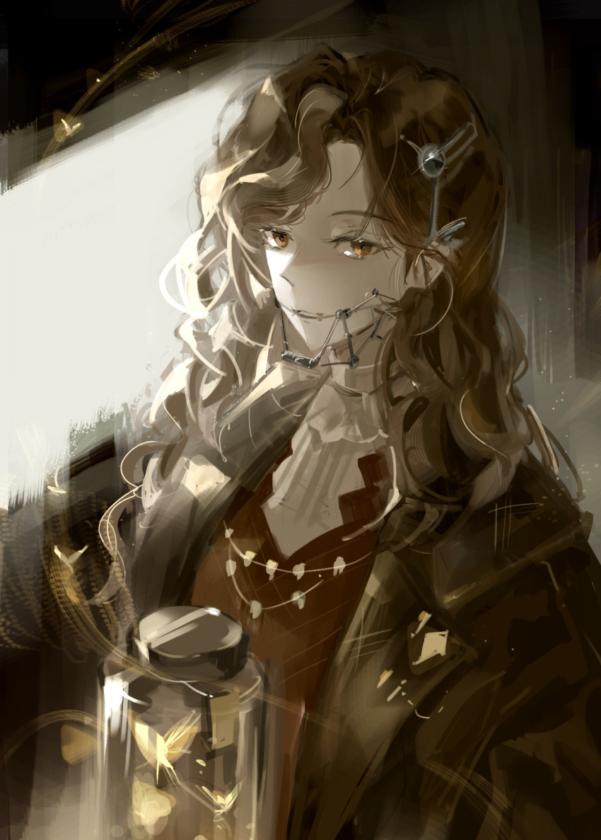 1girl black_background black_coat braces brown_eyes brown_hair coat dress highres jar jewelry long_hair looking_at_viewer necklace red_dress reverse:1999 shirt sidelighting solo solsolix tooth_fairy_(reverse:1999) tooth_necklace upper_body wavy_hair white_shirt