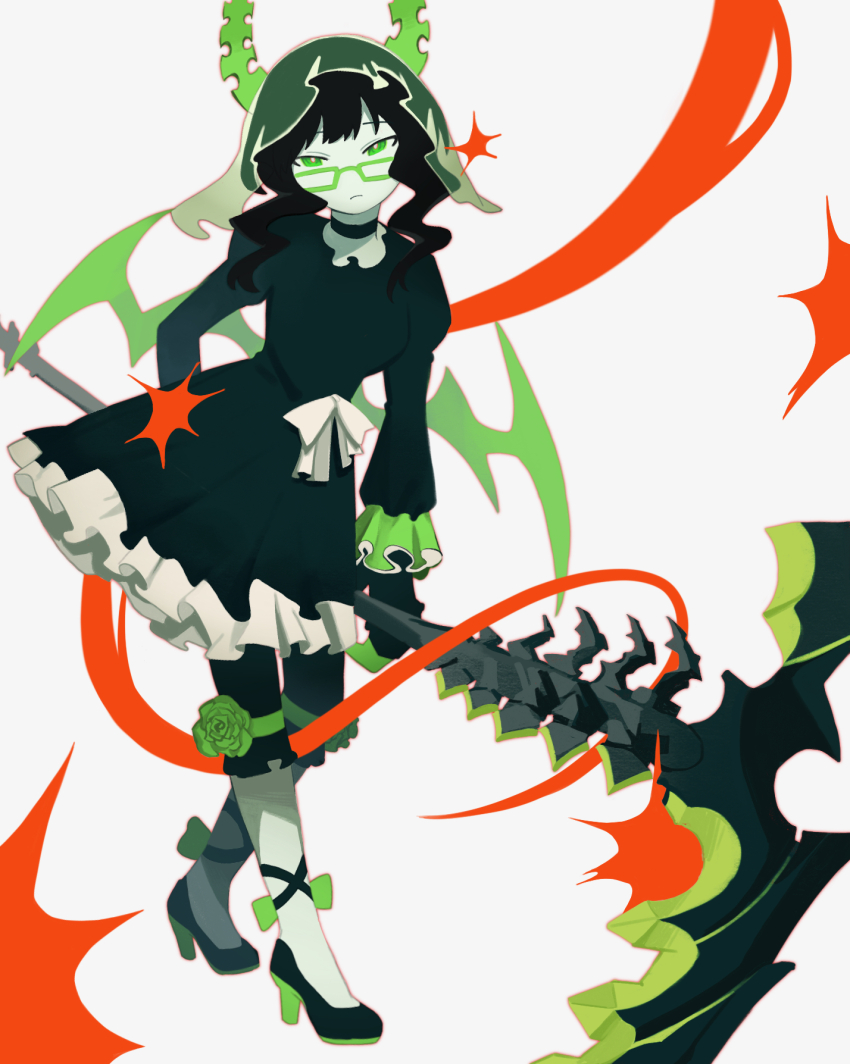 1girl black_choker black_dress black_hair black_rock_shooter choker dead_master dress green_eyes green_horns high_heels highres horns leggings medium_hair pale_skin scythe skeletal_wings solo wings yucinx_xx