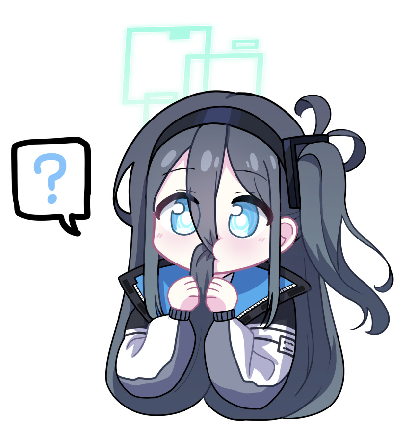 525_woiwo ? absurdres aqua_halo aris_(blue_archive) black_hair black_hairband blue_archive blue_eyes chibi chibi_only commentary_request eating_hair hair_between_eyes hairband halo highres jacket long_hair rectangular_halo side_ponytail very_long_hair white_jacket