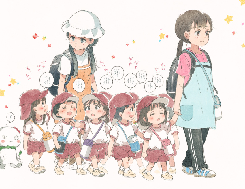 3boys 5girls backpack bag black_bag black_eyes black_hair black_pants blue_eyes blush brown_eyes brown_hair child closed_eyes commentary_request eighth_note gomennasai gym_uniform hat highres holding_hands kindergarten_teacher long_hair multiple_boys multiple_girls musical_note open_mouth original pants peaked_cap pink_shirt red_headwear red_shorts shirt shoes short_hair short_sleeves shorts shoulder_bag sneakers socks speech_bubble spoken_musical_note twintails walking white_shirt white_socks yellow_shoes