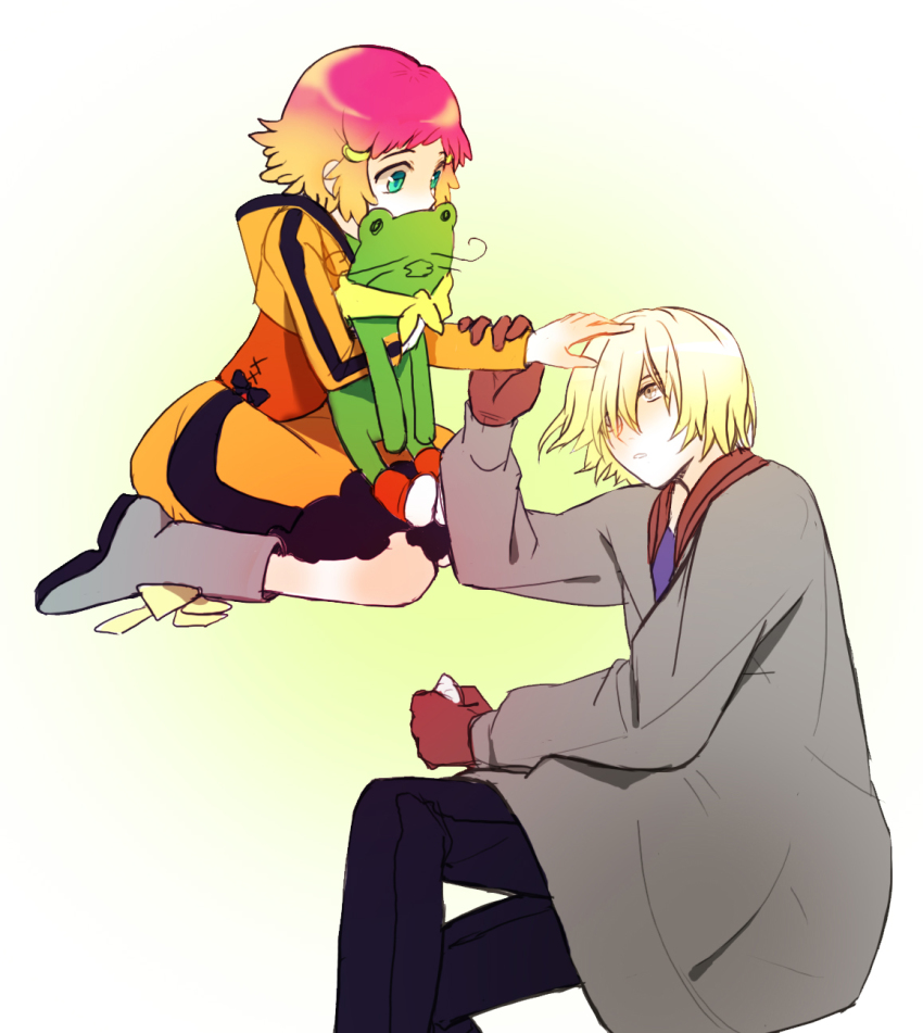 10s 1boy 1girl aquarion_(series) aquarion_evol blonde_hair coat gloves gradient_hair green_eyes hair_ornament highres jin_musou multicolored_hair orange_hair purple_hair shokill short_hair stuffed_animal stuffed_frog stuffed_toy tama_(aquarion) yunoha_thrul