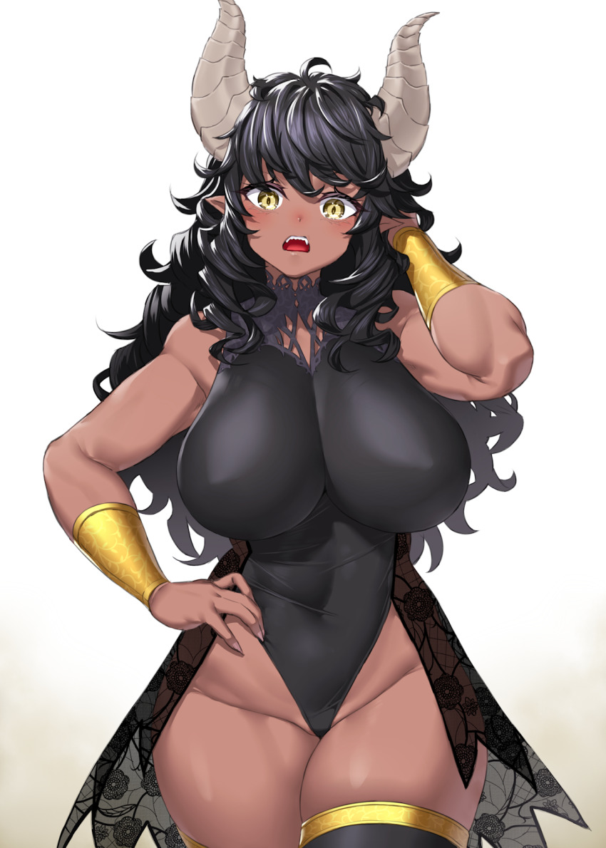 1girl ahoge bare_shoulders black_hair black_leotard black_skirt black_thighhighs blush breasts covered_navel cowboy_shot dark-skinned_female dark_skin floral_print hair_between_eyes hand_in_own_hair hand_on_own_hip highleg highleg_leotard highres horns impossible_clothes impossible_leotard lace lace_skirt large_breasts large_horns leotard long_hair looking_at_viewer muscular muscular_female onsoku_inu open_mouth original pointy_ears see-through_clothes see-through_skirt showgirl_skirt skirt sleeveless solo taut_leotard teeth thick_thighs thighhighs thighs upper_teeth_only wavy_hair wrist_guards yellow_eyes