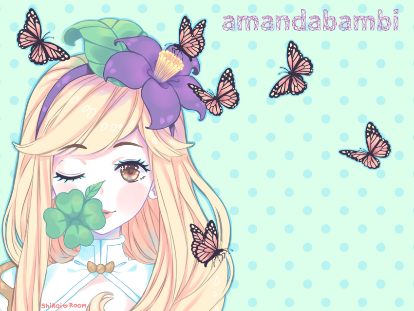 arch_bishop_(ragnarok_online) blonde_hair brown_eyes bug butterfly commentary commission dress english_commentary flower green_background hair_flower hair_ornament insect one_eye_closed orange_butterfly polka_dot polka_dot_background purple_flower ragnarok_online second-party_source shiroiroom swept_bangs white_dress