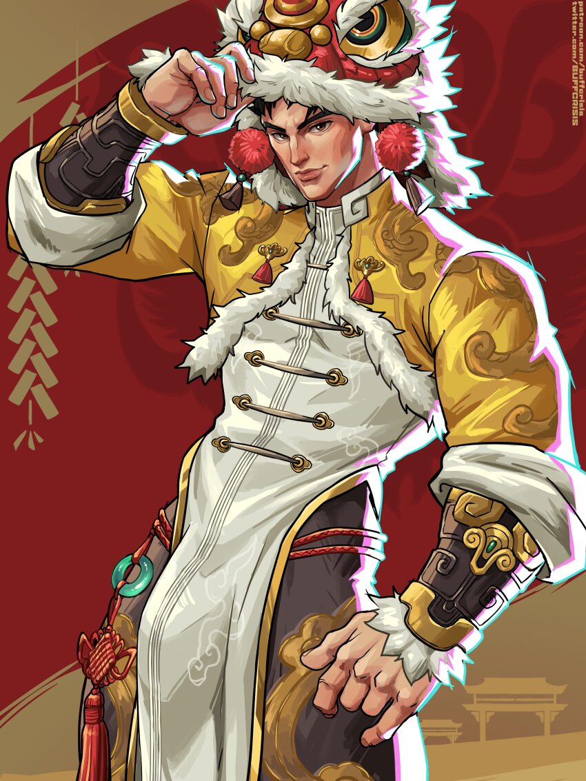 1boy absurdres black_pants bulge chinese_clothes closed_mouth commentary english_commentary firecrackers highres iron_fist_(lion&#039;s_gaze)_(marvel) iron_fist_(marvel) jacket lin_lie_(marvel) lion_dance looking_at_viewer male_focus marvel marvel_rivals pants patreon_username sgt_crisis shirt twitter_username white_shirt yellow_jacket