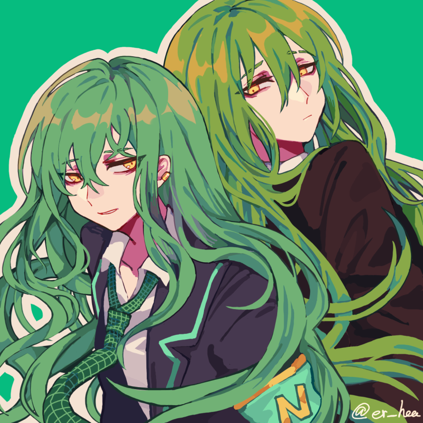 2boys armband back-to-back black_jacket closed_mouth commentary_request dual_persona earclip er_hea green_armband green_background green_hair green_necktie highres jacket lobotomy_corporation long_hair long_sleeves male_focus multiple_boys necktie netzach_(project_moon) outline plaid_clothes plaid_necktie project_moon shirt simple_background white_outline white_shirt yellow_eyes